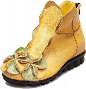 Женские кожаные ботильоны на танкетке с цветочной вышивкой в стиле бохо, сзади на молнии, утепленные, с подошвой, предотвращающей скольжение, ретро-стиль, модные женские ботинки Generic, Yellow With Cotton