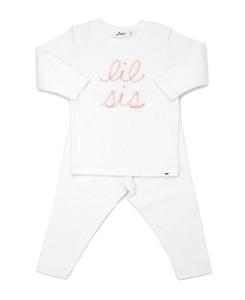 Детский розовый блестящий вышитый комплект из двух предметов "lil sis" для девочек - Baby oh baby!, слоновая кость/кремовый