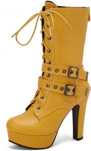 Женские ботильоны на высоком каблуке с круглым закрытым носком, платформой, модной пряжкой, шнуровкой, готические ботинки до щиколотки JMdfcqer, Yellow