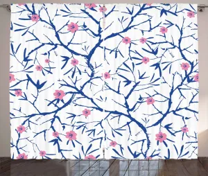 Штора ABAKUHAUS в деревенском стиле, цветущая сакура, темно-синяя с розовым оттенком, для спальни, со сборками, петлями и крючками, 280 x 225 см, цвет: фиолетовый, синий, розовый Abakuhaus