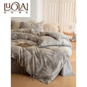 LUOLAI HOME Комплект постельного белья 4 предмета, простыня на резинке 180 см, для одеяла 200x230 см, цвет Monet Garden - светло-серый