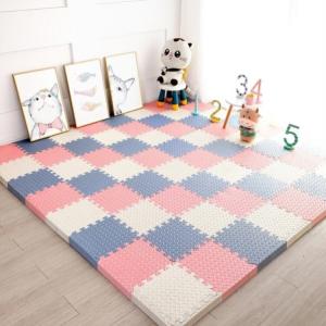 Budis Ковер 60х60 см из пеноматериала, детский игровой мат, 9 штук, белый+серый+розовый, с окантовкой