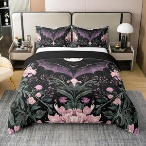 Erosebridal Чехол на одеяло Black Bat из 100% хлопка, бохо-винтажный стиль с звездами и луной, готический цветочный принт, Black Purple Pink Green