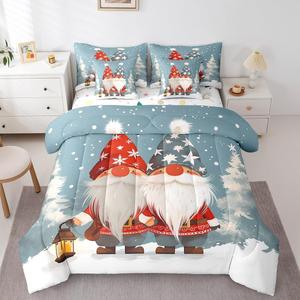 Erosebridal Комплект постельного белья Cartoon Santa Claus с рождественскими гномами и снежинками, зимний дизайн для детей, Red Blue White