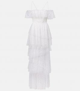 Кармен макси-платье из тюля в горошек Alexandra Miro, белый