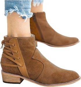 Женские ботильоны ZBYY на низком каблуке с широким каблуком, заостренным носком, вестерн-стиле, с перекрестными ремешками, челси, удобные короткие ботинки, Brown