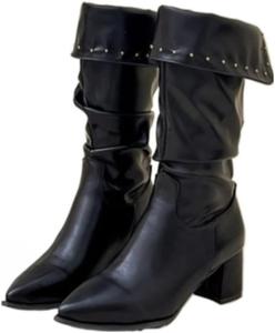 Женские ботинки в стиле Sweet-Cool с заклепками, на массивном каблуке с заостренным носком, модные высокие ботинки до колена для осени и зимы Azttoztto, Black