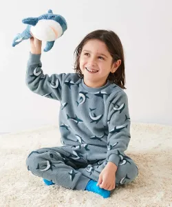 Детская пушистая флисовая пижама, пижама с длинными рукавами, домашняя одежда, коллекция осень/зима 2025 Devirock, цвет 005-Shark-D Sax