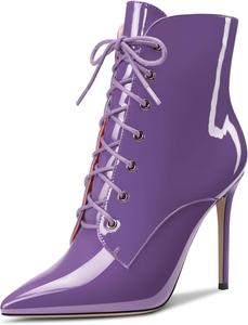 Женские ботильоны Aachcol с коротким голенищем, заостренным носком, стойкой на шпильке средней высоты, лакированные, с молнией и шнуровкой, сексуальные, каблук 4 дюйма, Purple