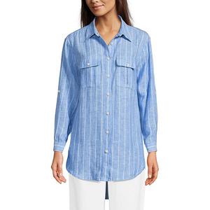 Женская льняная туника с закатанными рукавами Lands' End, Blue Linen Stripe