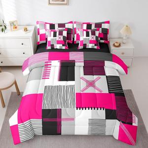 Erosebridal Комплект постельного белья Hot Pink Grey Full с геометрическим принтом в черно-белых тонах, Hot Pink Grey Black White