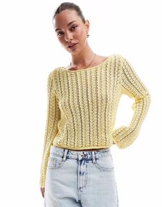 Укороченный топ в полоску крючком Pieces бананово-желтого цвета