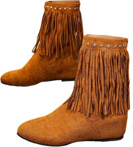 Женские замшевые сапоги с кисточками до середины икры, вестерн с бахромой, ковбойские ботильоны, ретро, повышающая рост, слипоны на щиколотку Generic, Brown