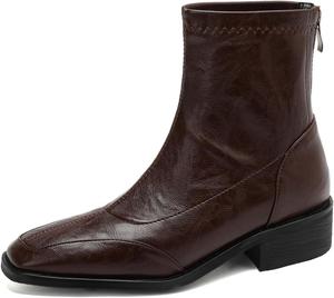 Женские западные нарядные ботильоны на молнии с ретро квадратным носком, массивным низким каблуком и эластичными короткими черита-бутс JOEUSTY, Brown