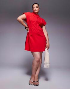 Платье мини-юбка с высоким воротом и разрезом Curve красного цвета Asos Curve