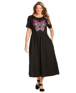 Платье большого размера с короткими рукавами, вырезом-лодочкой и завышенной талией Woman Within, Black multi butterfly