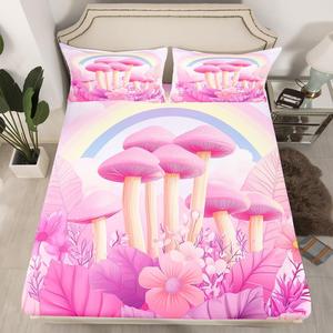 Erosebridal Комплект постельного белья Mushroom с розовым ботаническим принтом грибов и радугой, Hot Pink