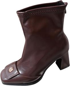 Женские кожаные ботильоны на массивном каблуке с квадратным носком, короткие го-го ботинки, весна, осень, зима, элегантные с боковой молнией Generic, Brown