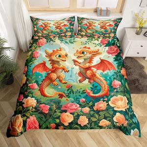 Erosebridal Комплект постельного белья с мультяшными драконами и цветочным принтом для детей, Green Orange
