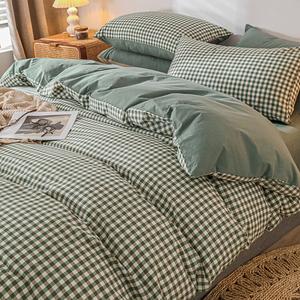 Disney Комплект постельного белья 1.5м, простыня, для матраса 200x230 см, зеленый мелкий клетка, чесаный хлопок, технология washed