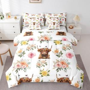 Erosebridal Комплект постельного белья Highland Cow с цветочным принтом и бабочками из сатина, White Pink Green