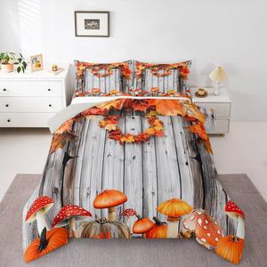 Erosebridal Комплект постельного белья Rustic Barn Door в деревенском стиле с винтажным рисунком грибов и кленовых листьев, Orange Red