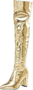 Женские высокие сапоги выше колена с толстым каблуком, обувь для вечеринок и танцев, зимняя мода, длинные ботильоны для женщин, сексуальный стиль Generic, Golden