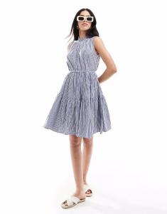 Мини-платье из поплина с высоким воротом и ярусами в сине-белую полоску French Connection