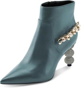 Женские ботильоны YDN на цепочке, с металлической жемчужиной, заклепками, на среднем каблуке, с заостренным носком и боковой молнией, для вечеринки, свидания, выпускного, размеры US 4-16, Teal
