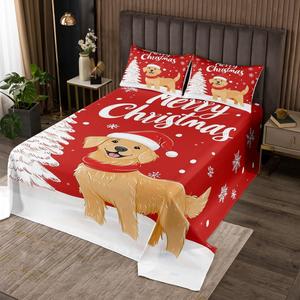 Erosebridal Комплект постельного белья с новогодним принтом золотистый ретривер и снежинки, Red Yellow White