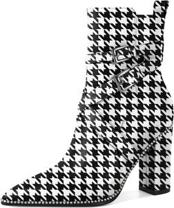 Женские ботильоны AUMOTED с заостренным носком, украшенные бисером, массивным каблуком 3,5 дюйма, с боковой молнией, вестерн-стиль, Matte Houndstooth
