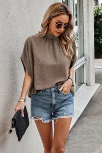 Швейцарская блуза в горох с высоким воротником и спущенным плечом TRUEDAMES, коричневый