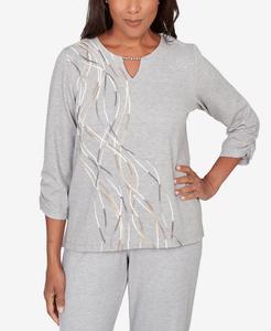 Топ Petite Comfort & Joy с металлическим вихревым узором и разрезом на шее Alfred Dunner, Gray