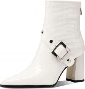 Женские классические ботильоны FOWT с заостренным носком, квадратной пряжкой, декоративной застежкой на щиколотке, массивным высоким каблуком и задней молнией, повседневные короткие ботинки, размер 4-16 US, White