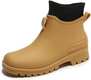 Женские резиновые сапоги для улицы Модные женские резиновые сапоги с утеплителем, водонепроницаемые, противоскользящие, износостойкие взрослые водонепроницаемые обувь однотонного цвета из резины Hhhchpm, Camel Fleece