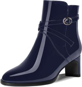 Женские лакированные уличные ботильоны с круглым носком, пряжкой, модные с массивным невысоким каблуком 2 дюйма DEMOSHINE, Navy Blue