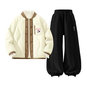 Детская повседневная спортивная одежда Disney, [Thickened And Fleece-Lined Three-Piece Set]Silicone Di-Lift Eye K Ecru+Di-Long Hook-And-Loop K Black+Solid Color Ecru