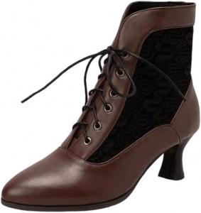 Женские викторианские кожаные ботильоны на шнуровке с высоким каблуком, винтажные праздничные туфли Generic, Brown