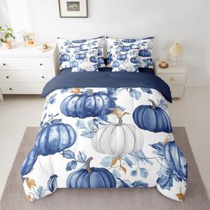 Erosebridal Комплект постельного белья Queen с тематикой осеннего урожая и тыквами, уютный осенний декор с кленовыми листьями, Blue White