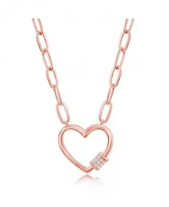 Ожерелье из стерлингового серебра с позолотой или розовым золотом, покрытый сверху на серебряное ожерелье с фианитами в форме сердца и карабином-скрепкой Simona, pink