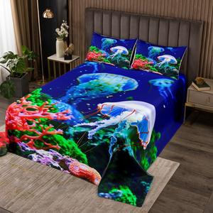 Erosebridal Комплект постельного белья Blue Jellyfish с морским принтом кораллового рифа в тропическом стиле, Multi 18