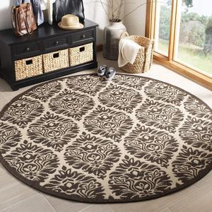 Ковер SAFAVIEH, 201 x 201 см, Linden Collection Round Natural / Brown LND135B Damask Ogee для дома и улицы, не линяет, легко чистится, для патио, заднего двора, веранды, террасы, прихожей