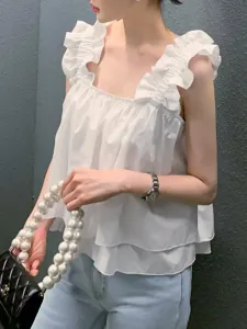 Топ без рукавов с оборками в корейском стиле Doux Belle, цвет White