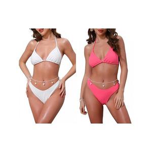 2 комплекта женского купальника-бикини из вафельной ткани, 2 шт треугольные трусики с ракушкой и поясом-веревкой Inspire Chic, White Fluorescent Pink