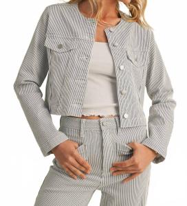 Джинсовая куртка без воротника Colleen Stripe синего цвета JUST USA