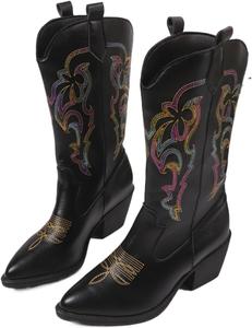 Вышитые ковбойские сапоги для девушек и женщин-рейверов - ретро сапоги вестерн средней голени с широкой платформой и низким каблуком, милые сапоги на легкой коже для удобной ходьбы на рейвах и длительного стояния Zenrave, Black