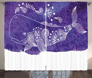 Штора ABAKUHAUS Кит в деревенском стиле, акварельный рисунок с рыбами и цветами, присборенная штора для спальни с петлями и крючками, 280 x 225 см, цвет: фиолетовый и белый Abakuhaus