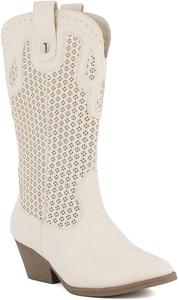 Женские ковбойские сапоги Sugar Western - средние сапожки до икры с заостренным носком, декоративной строчкой и перфорированным дизайном - заостренный носок, каблук-блок, стиль без застежки, Perf-Ivory Tonal