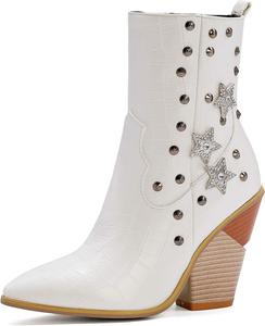 Женские ботильоны LYYSKY с массивным клиновидным каблуком, боковой молнией, змеиным принтом, удобные, лаконичные с заклепками и металлической звездой, заостренный носок, высокие каблуки, короткие ботильоны, White