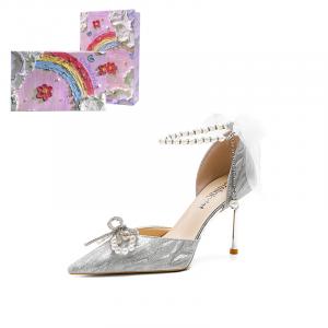 Туфли-лодочки с острым носом и бантом из стразов на тонком каблуке Crelinkxlat, [Подарочная упаковка Лимитированная серия] Серебристые 6 см